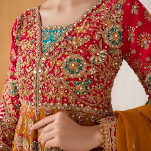 3 Piece Red Chiffon Kurta Pant Salwar Kameez EID Indian Pakistan Wedding - Picture 2 of 3